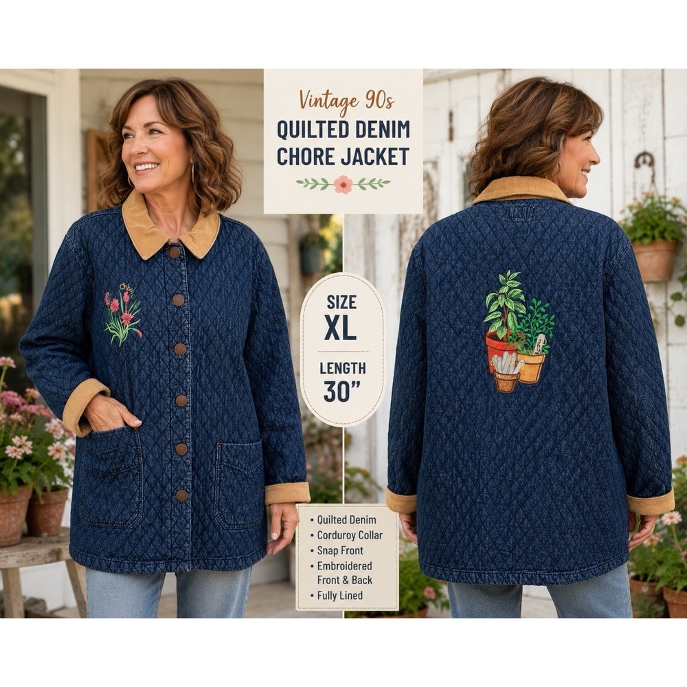 VTG 90s HAIKS Women Quilted Denim Chore Barn Jacket XL Spring Garden Embroidered